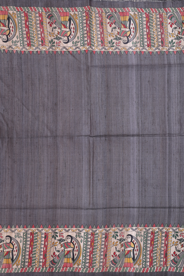 Tussar Madhubani Silk Saree Charcoal Grey With Contrast Border