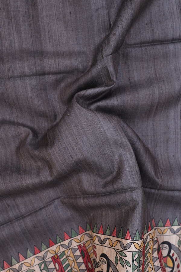 Tussar Madhubani Silk Saree Charcoal Grey With Contrast Border