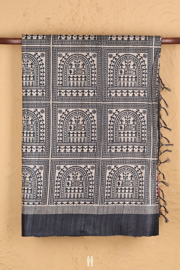 Tussar Madhubani Silk Saree Charcoal Grey With Printed Design