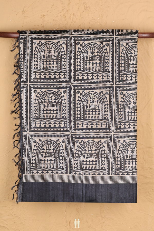 Tussar Madhubani Silk Saree Charcoal Grey With Printed Design