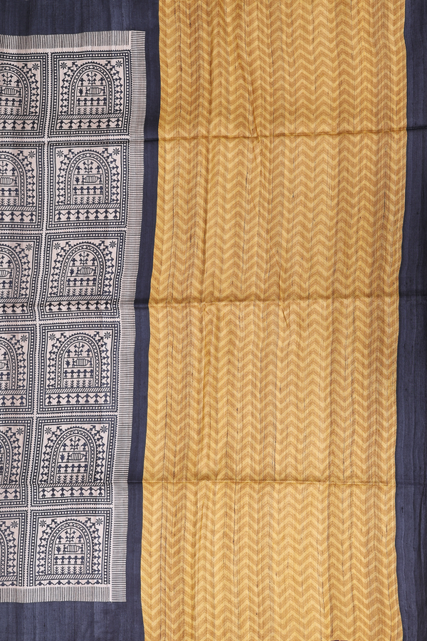 Tussar Madhubani Silk Saree Charcoal Grey With Printed Design