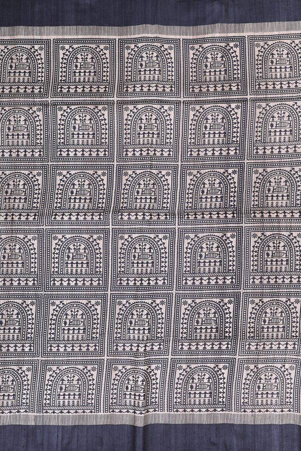 Tussar Madhubani Silk Saree Charcoal Grey With Printed Design