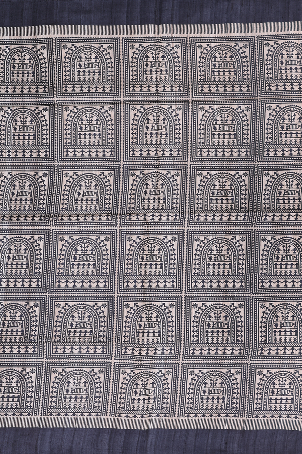 Tussar Madhubani Silk Saree Charcoal Grey With Printed Design