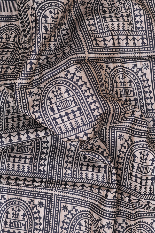 Tussar Madhubani Silk Saree Charcoal Grey With Printed Design