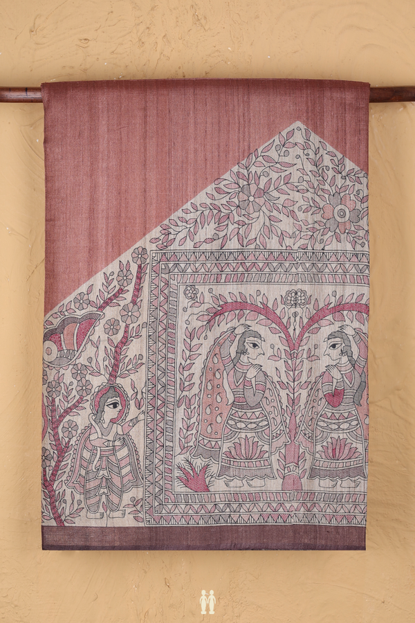 Tussar Madhubani Silk Saree Cocoa Brown With Printed Design