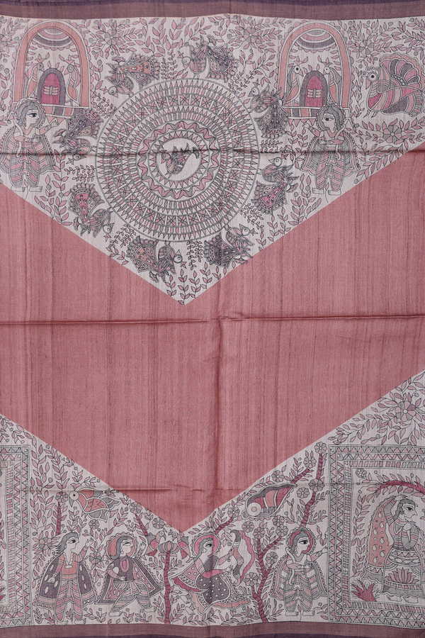 Tussar Madhubani Silk Saree Cocoa Brown With Printed Design