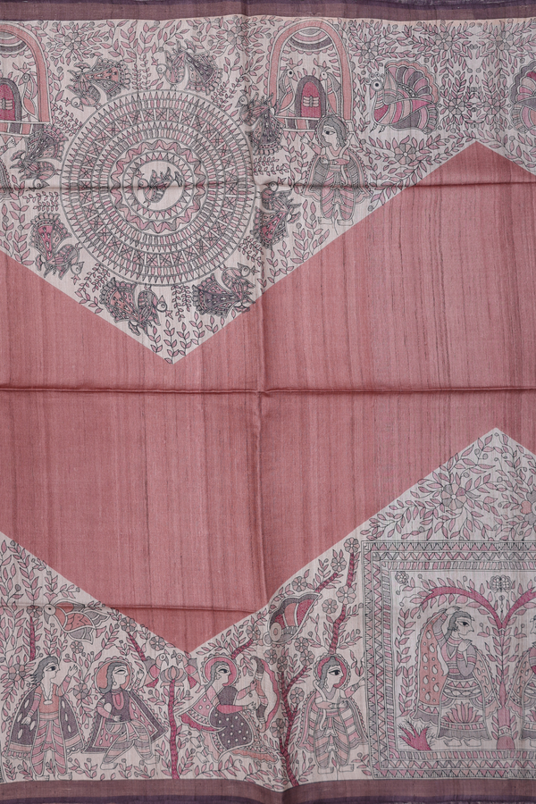 Tussar Madhubani Silk Saree Cocoa Brown With Printed Design