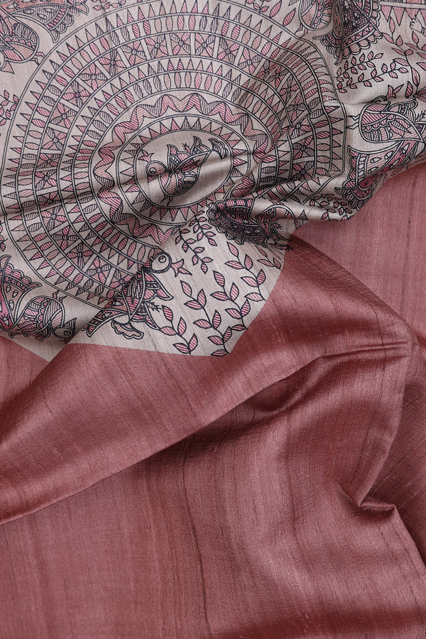 Tussar Madhubani Silk Saree Cocoa Brown With Printed Design