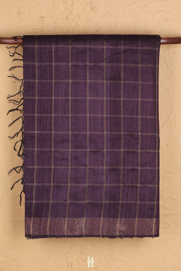 Tussar Madhubani Silk Saree Dark Oak Brown With Checks Design