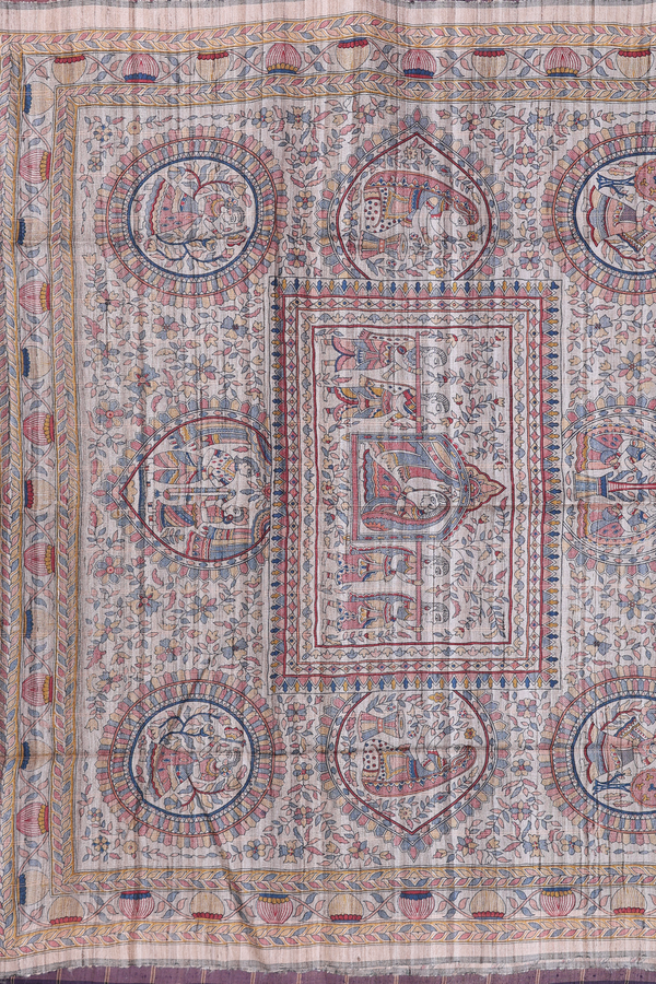 Tussar Madhubani Silk Saree Dark Oak Brown With Checks Design