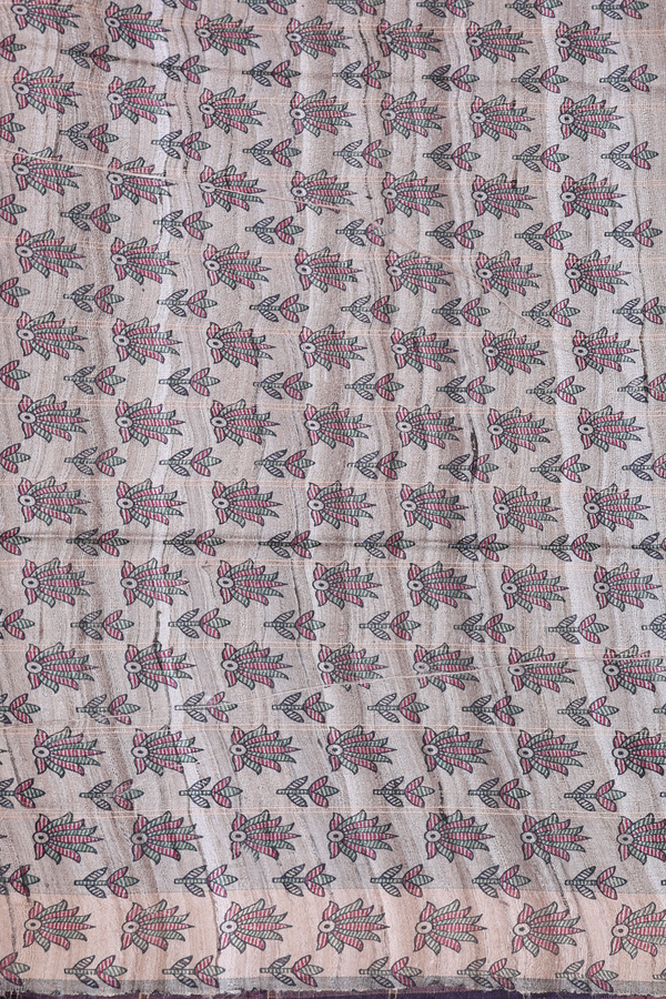 Tussar Madhubani Silk Saree Dark Oak Brown With Checks Design