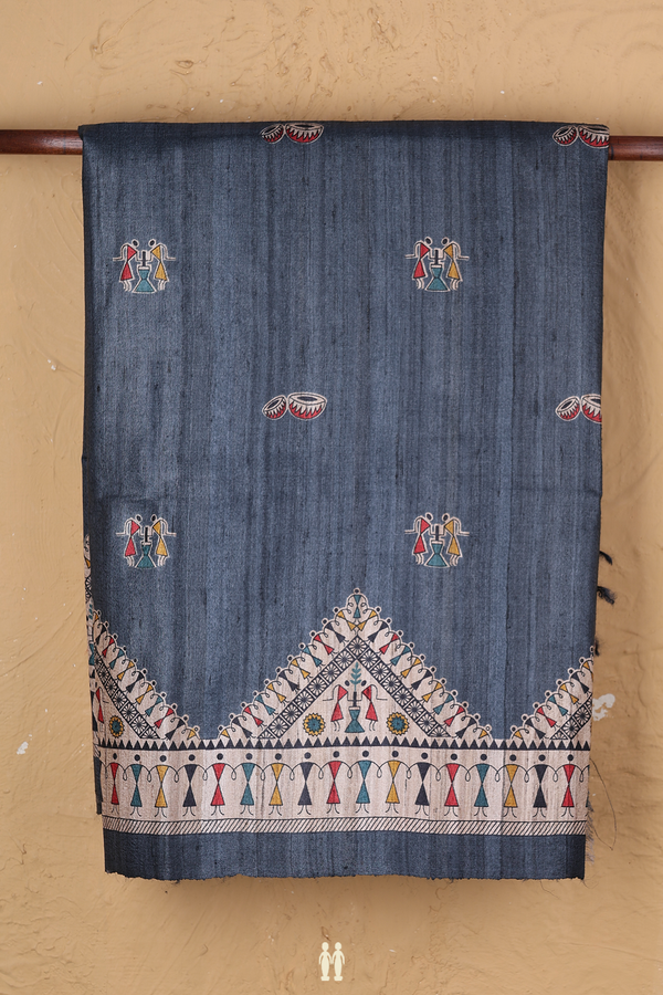 Tussar Madhubani Silk Saree In Aegean Blue With Warli Design