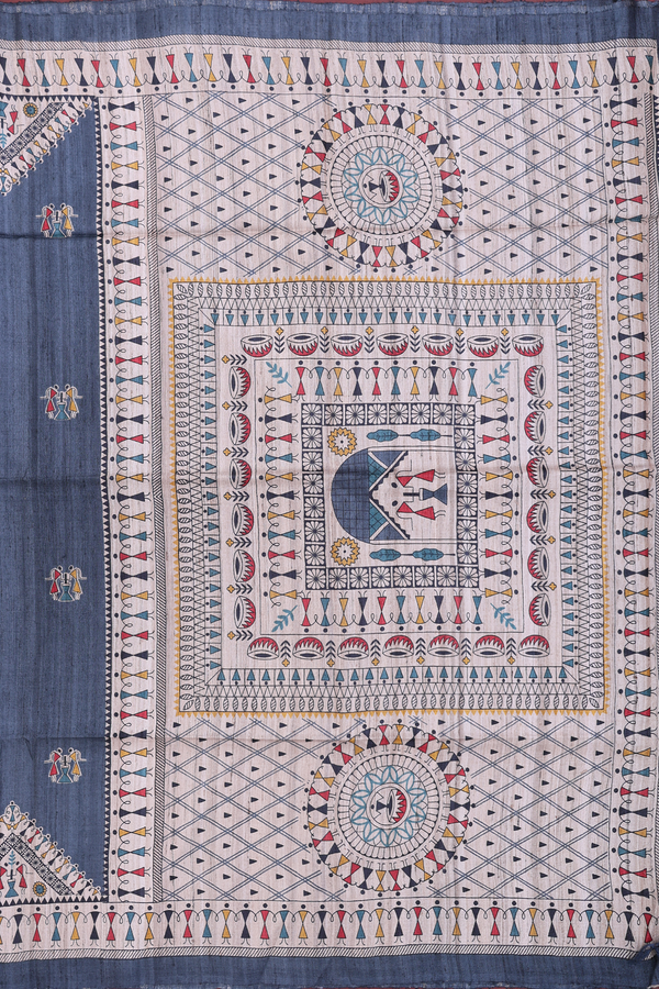 Tussar Madhubani Silk Saree In Aegean Blue With Warli Design