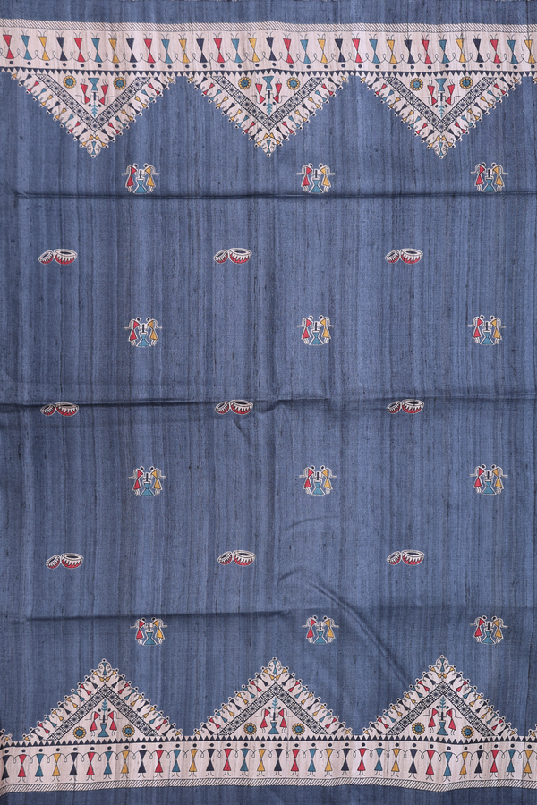Tussar Madhubani Silk Saree In Aegean Blue With Warli Design