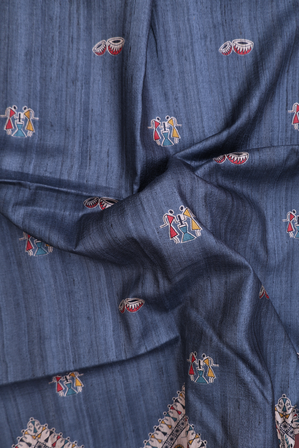 Tussar Madhubani Silk Saree In Aegean Blue With Warli Design