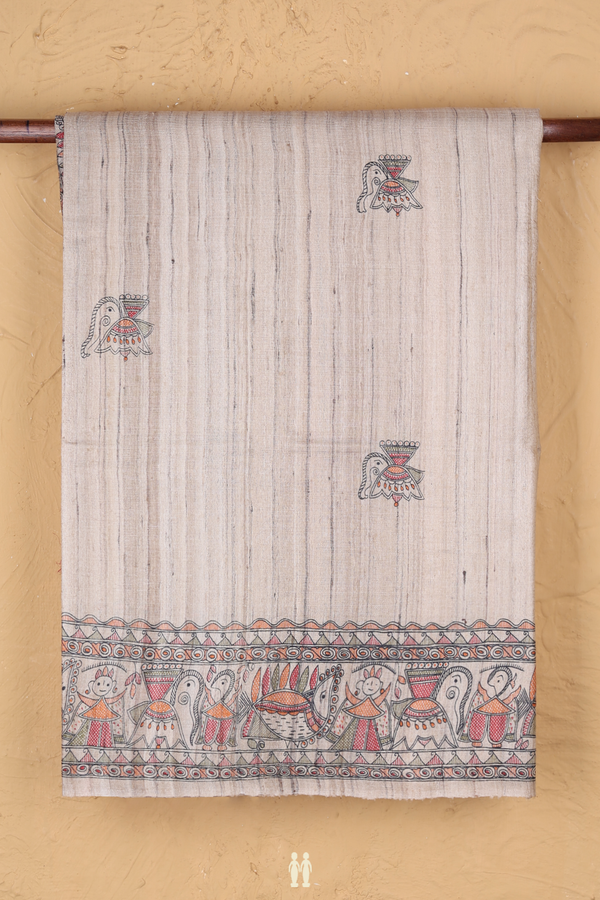 Tussar Madhubani Silk Saree In Beige Printed Buttas