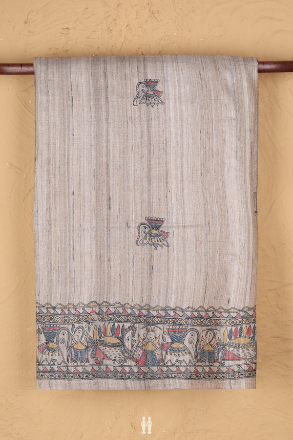 Tussar Madhubani Silk Saree In Beige Printed Buttas