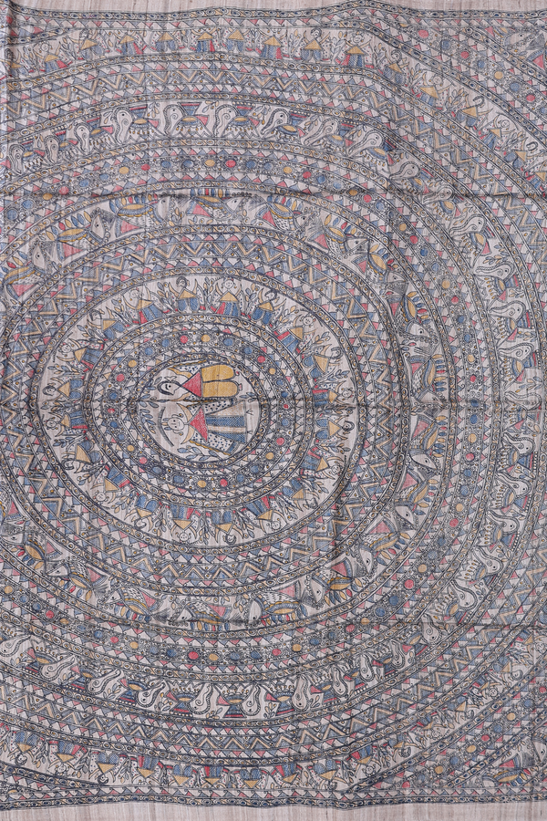 Tussar Madhubani Silk Saree In Beige Printed Buttas