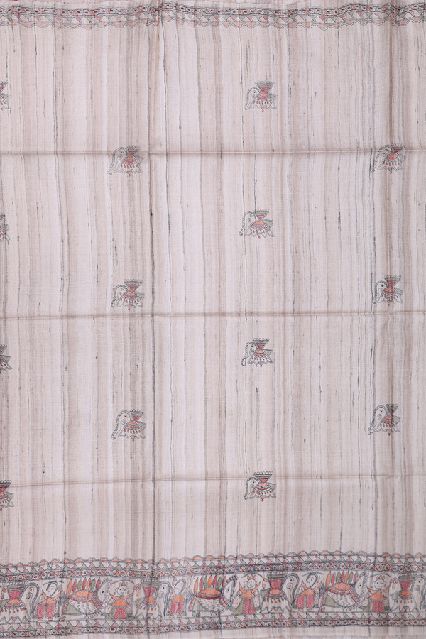 Tussar Madhubani Silk Saree In Beige Printed Buttas