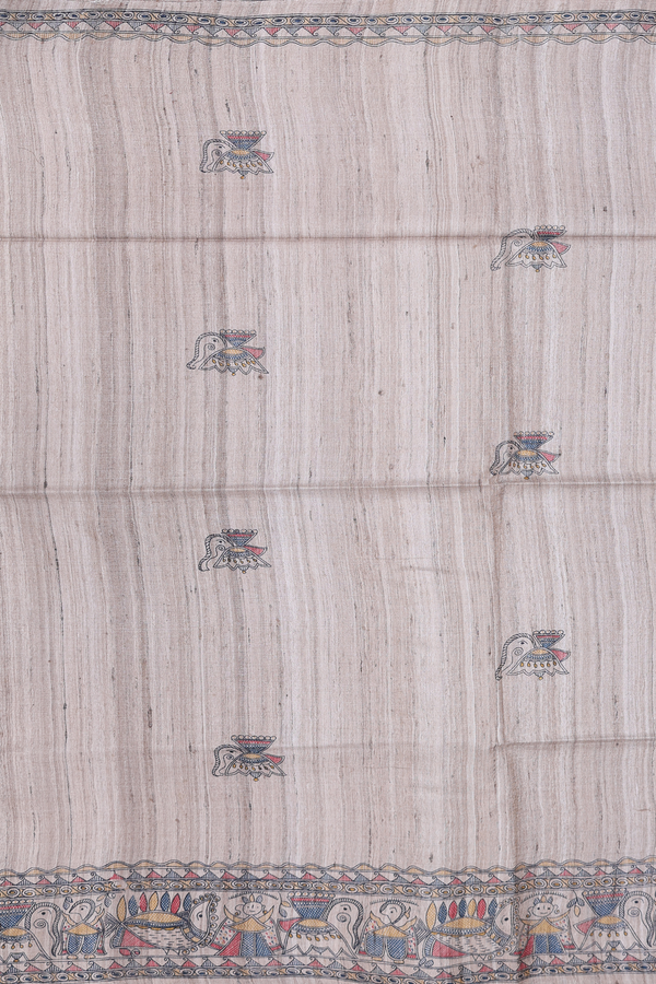 Tussar Madhubani Silk Saree In Beige Printed Buttas