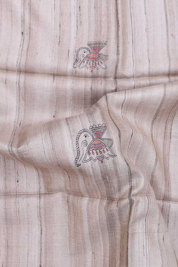 Tussar Madhubani Silk Saree In Beige Printed Buttas