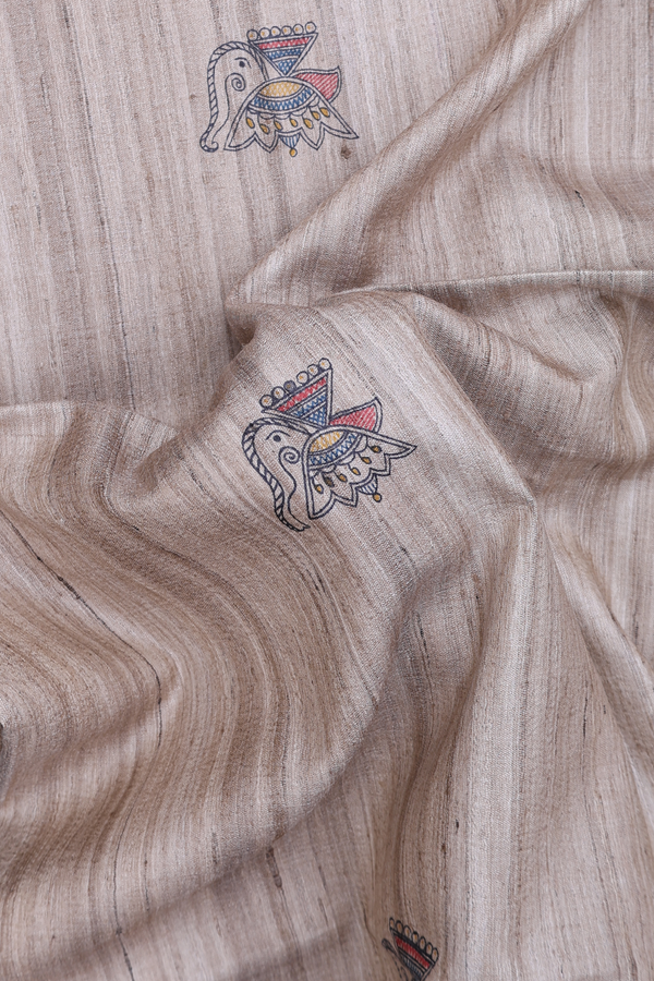 Tussar Madhubani Silk Saree In Beige Printed Buttas