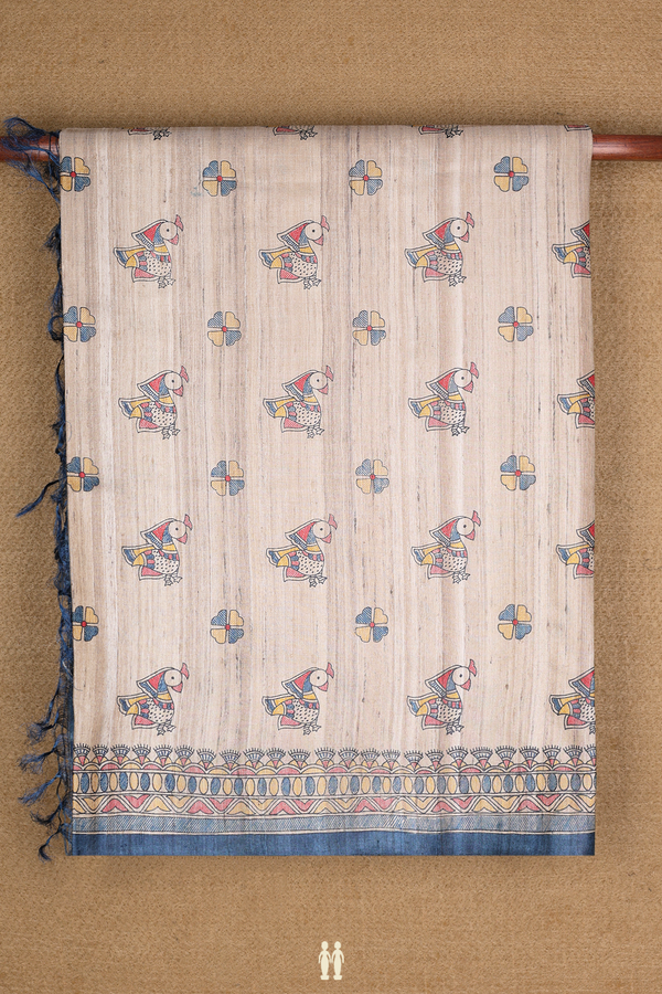 Tussar Madhubani Silk Saree In Beige With Buttas