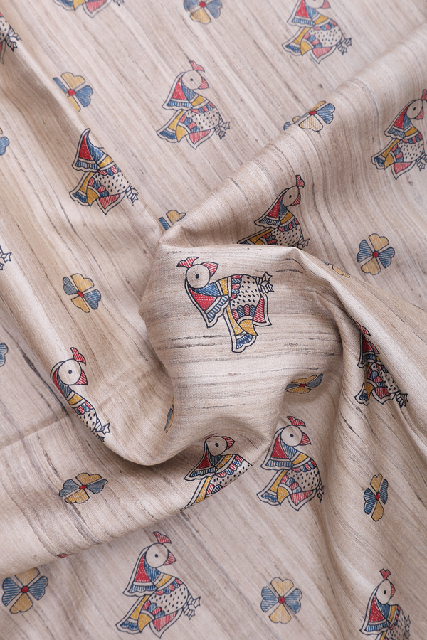 Tussar Madhubani Silk Saree In Beige With Buttas