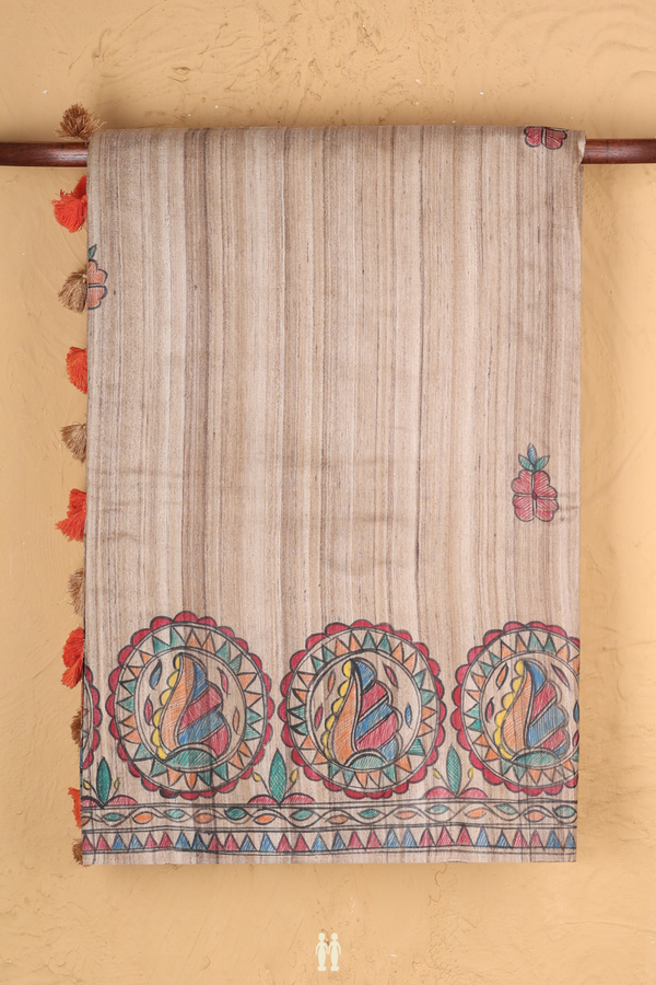 Tussar Madhubani Silk Saree In Beige With Floral Buttas