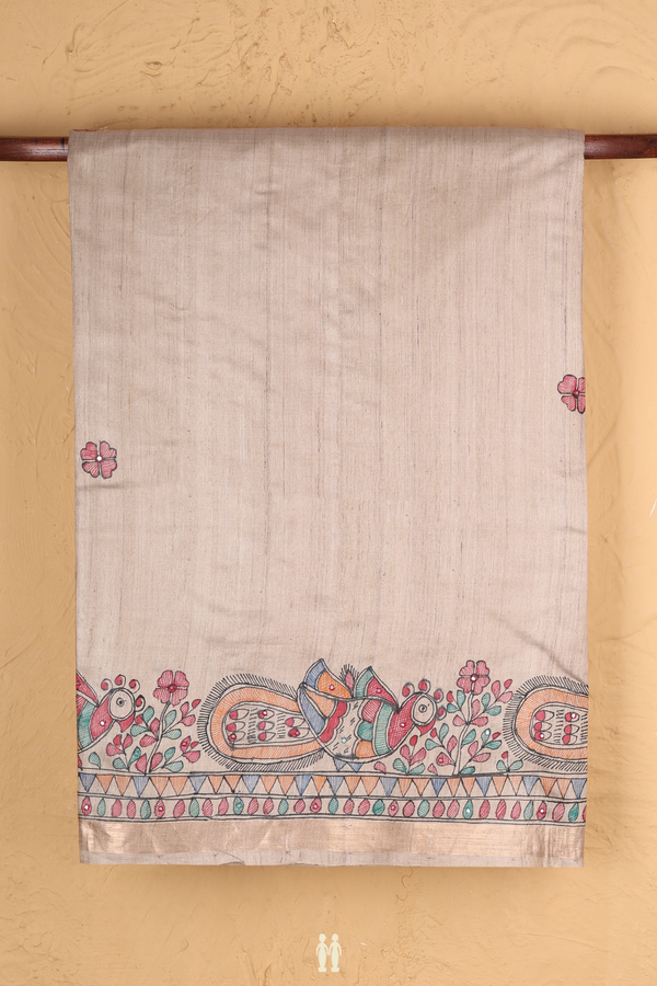 Tussar Madhubani Silk Saree In Beige With Floral Buttas