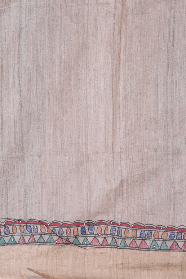 Tussar Madhubani Silk Saree In Beige With Floral Buttas