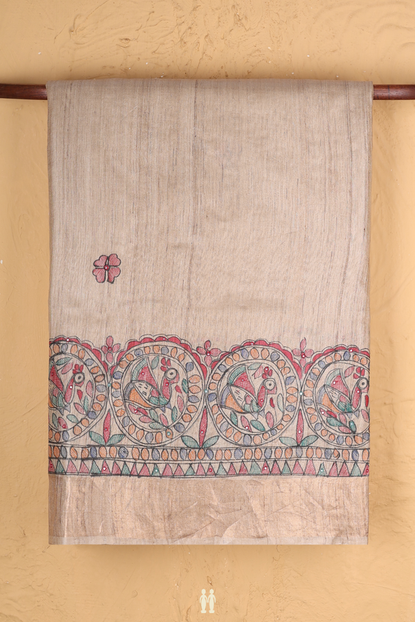 Tussar Madhubani Silk Saree In Beige With Floral Buttas