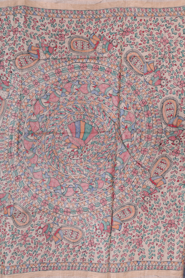 Tussar Madhubani Silk Saree In Beige With Floral Buttas