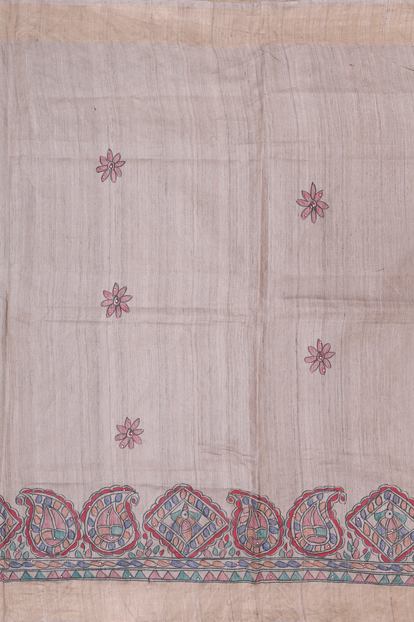 Tussar Madhubani Silk Saree In Beige With Floral Buttas
