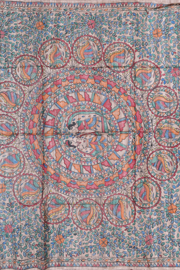 Tussar Madhubani Silk Saree In Beige With Floral Buttas