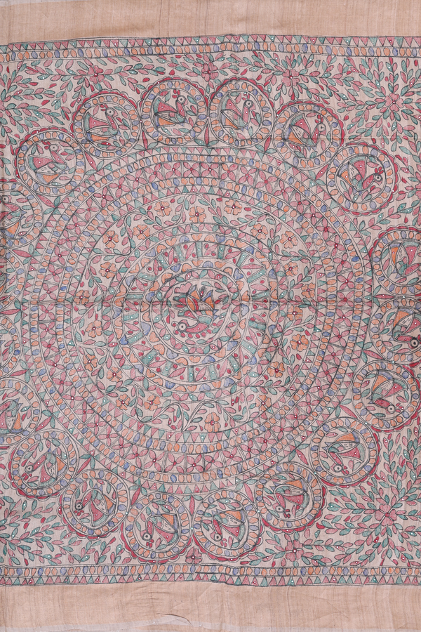 Tussar Madhubani Silk Saree In Beige With Floral Buttas