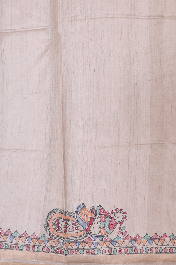 Tussar Madhubani Silk Saree In Beige With Floral Buttas