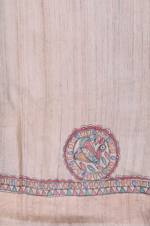 Tussar Madhubani Silk Saree In Beige With Floral Buttas