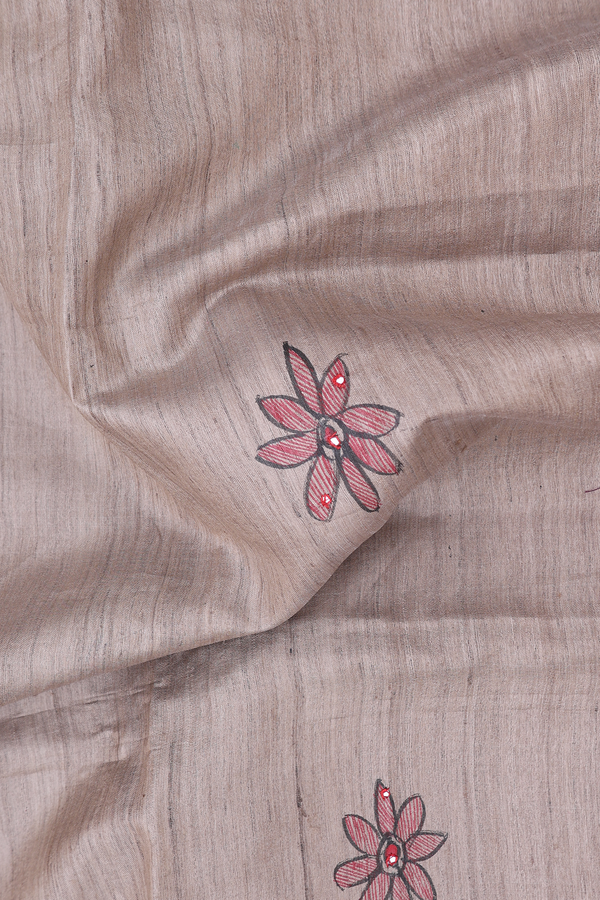 Tussar Madhubani Silk Saree In Beige With Floral Buttas