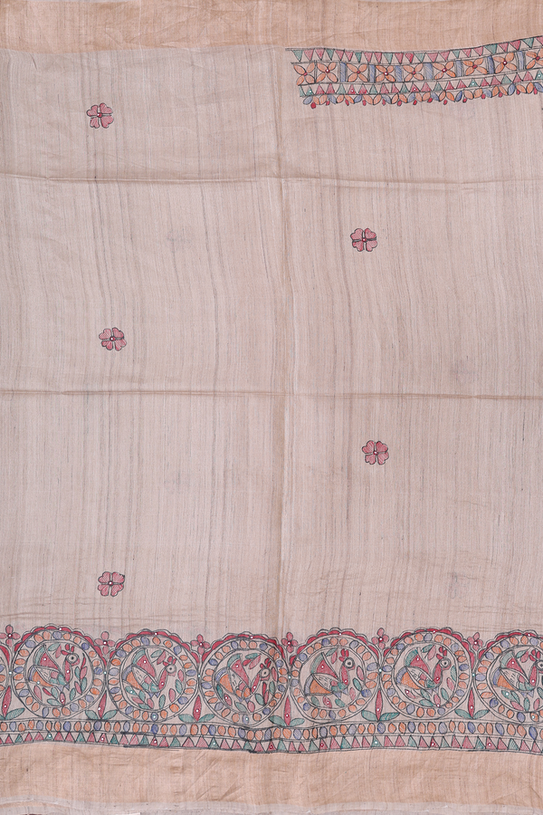 Tussar Madhubani Silk Saree In Beige With Floral Buttas
