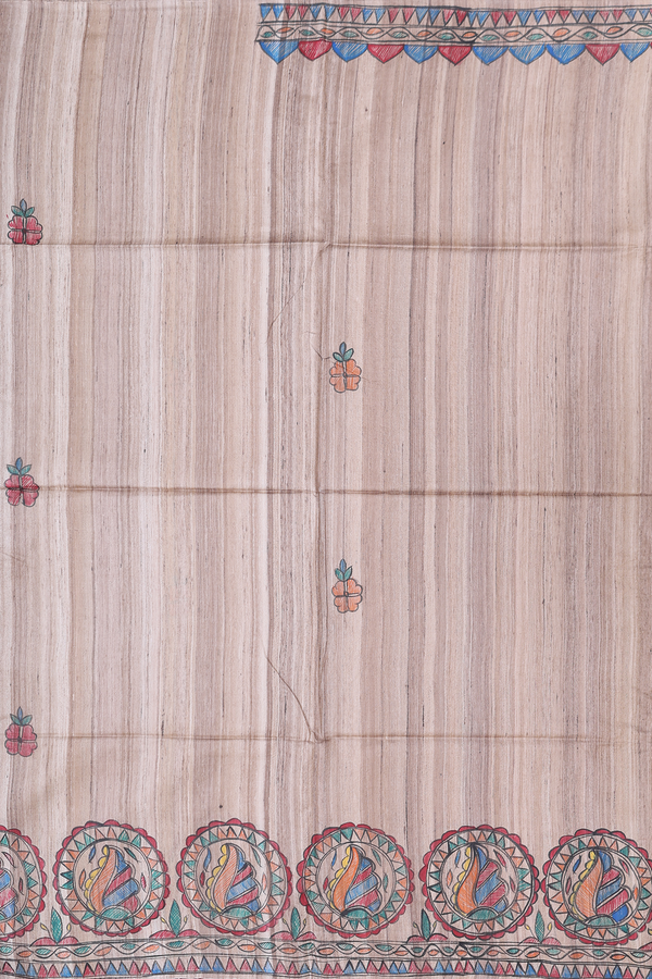 Tussar Madhubani Silk Saree In Beige With Floral Buttas