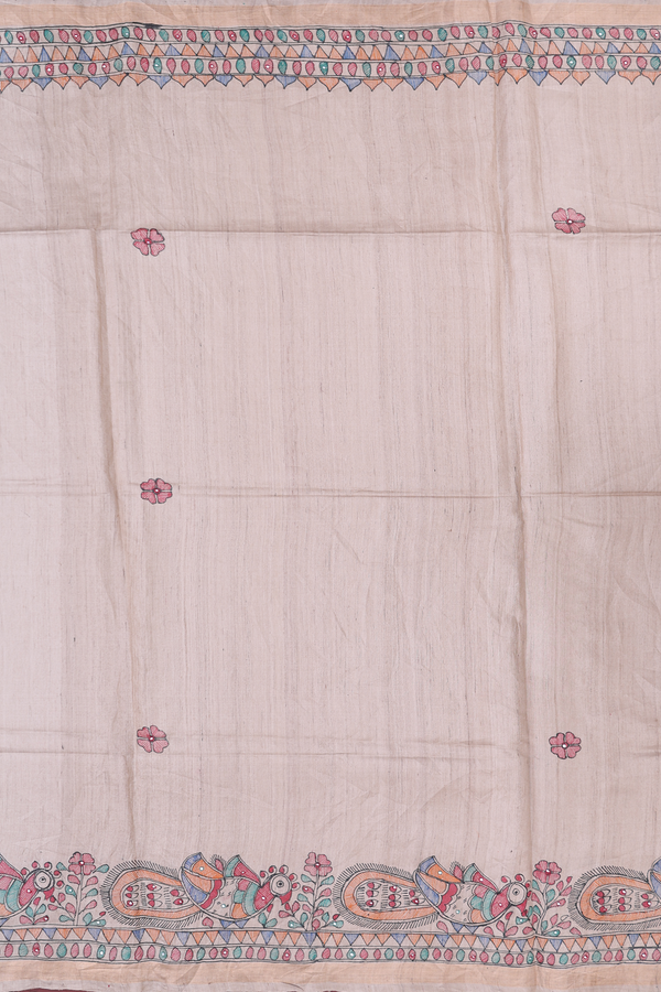 Tussar Madhubani Silk Saree In Beige With Floral Buttas