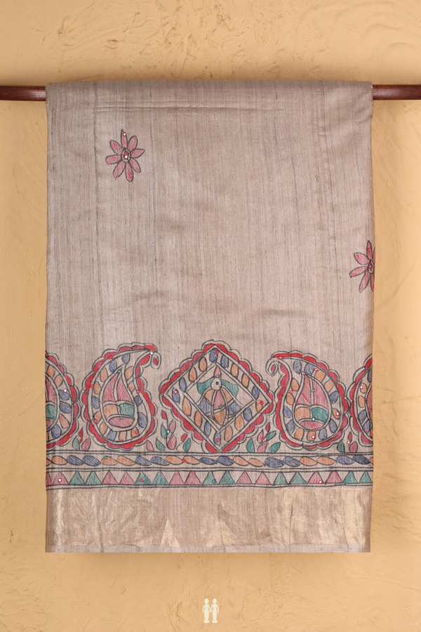 Tussar Madhubani Silk Saree In Beige With Floral Buttas