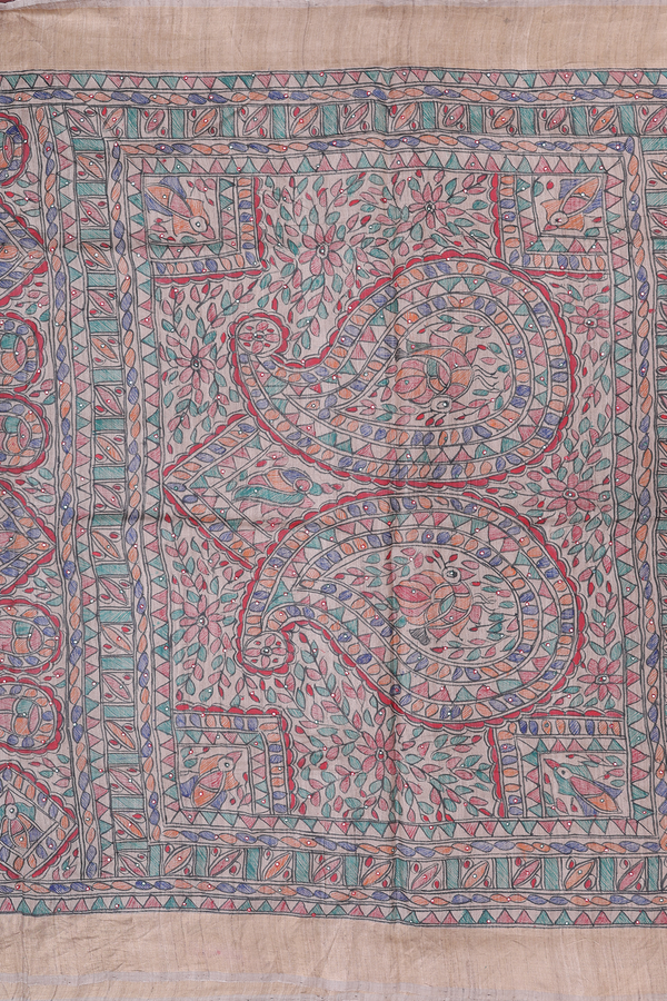 Tussar Madhubani Silk Saree In Beige With Floral Buttas