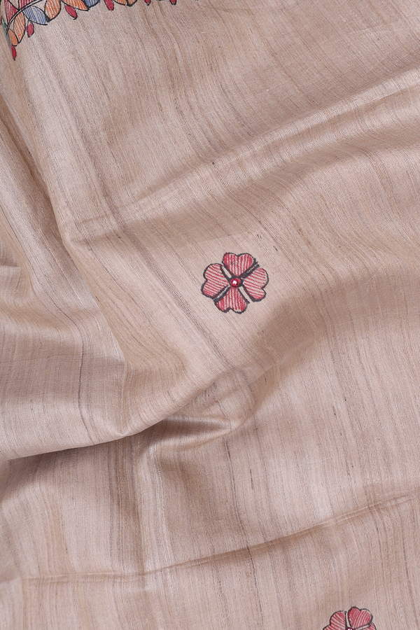 Tussar Madhubani Silk Saree In Beige With Floral Buttas