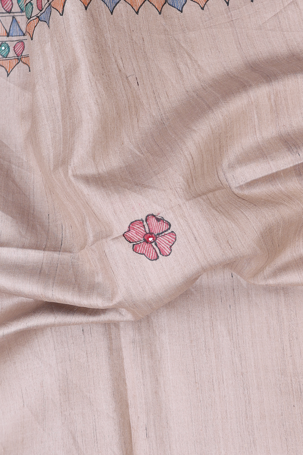 Tussar Madhubani Silk Saree In Beige With Floral Buttas