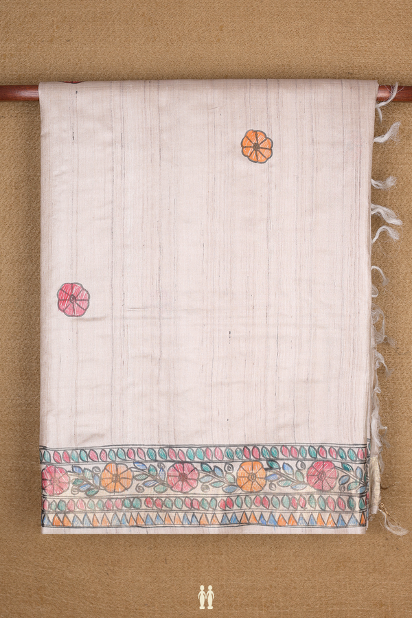 Tussar Madhubani Silk Saree In Beige With Floral Design