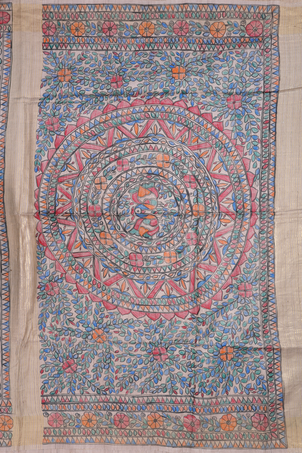 Tussar Madhubani Silk Saree In Beige With Floral Design