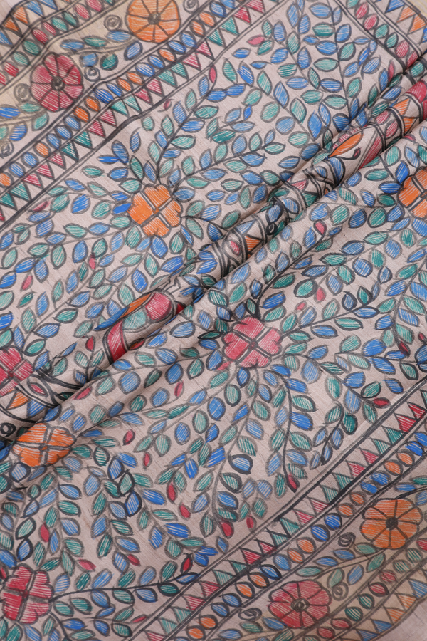 Tussar Madhubani Silk Saree In Beige With Floral Design