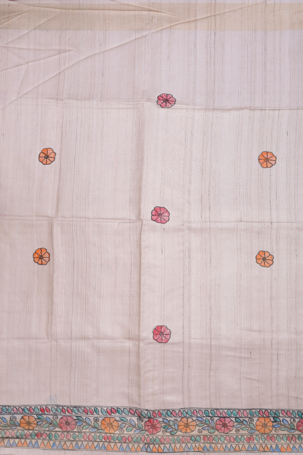 Tussar Madhubani Silk Saree In Beige With Floral Design